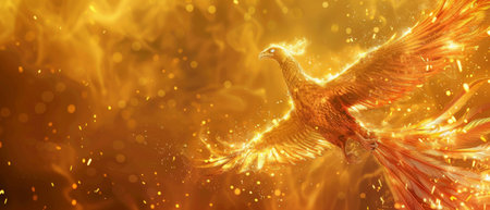 The photo shows a phoenix rising from the ashes with a beautiful fire and light effects.の素材