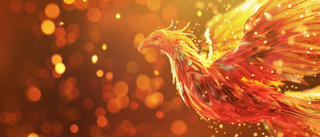 The mythical phoenix, a symbol of hope and renewal, emerges from the ashes.の素材