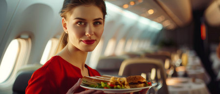 Beautiful flight attendant serving food on board commercial airplaneの素材