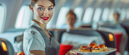 Beautiful stewardess serving breakfast in airplane. Stewardess serving food in plane.の素材