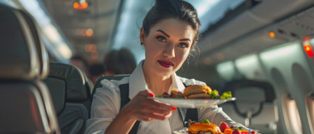 The flight attendant offers a meal to the passenger on the planeの素材