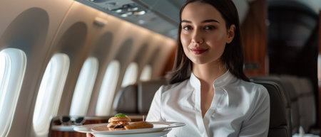 A beautiful flight attendant serving food on a private jet.の素材