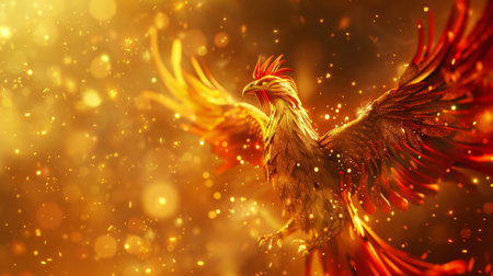 The photo shows a phoenix rising from the ashes with a fiery background.の素材