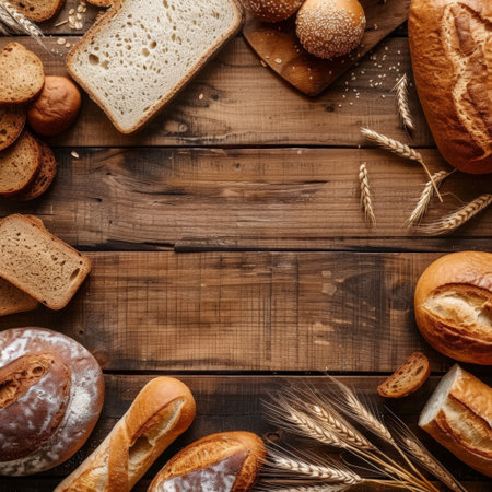 Various breads on a wooden table.の素材