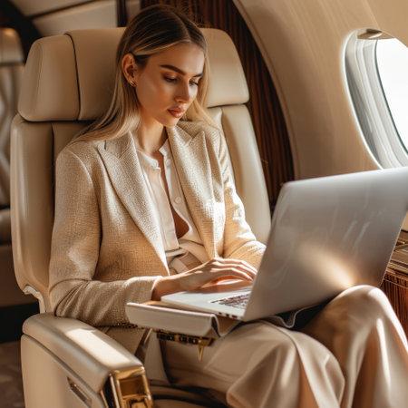 A beautiful young woman in a beige suit is sitting in a private jet and working on her laptop. She is looking at the screen and typing. She has long blond hair.の素材