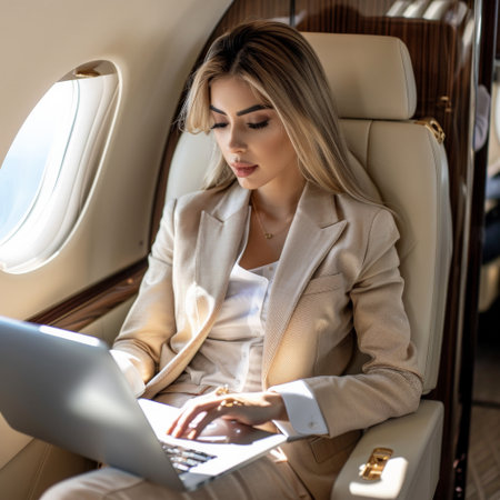 A beautiful young woman in a beige suit is sitting in a private jet and working on her laptop.の素材