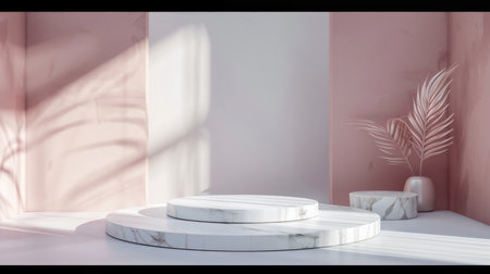 White marble podium with pink background for product presentation.の素材