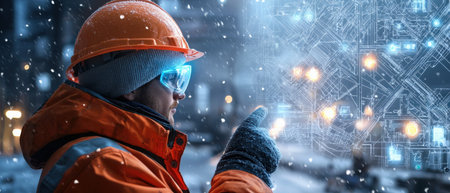 A worker wearing a hard hat a shipyard at ship with digital neon blueprints overlaying the scene fair light winter snowの素材