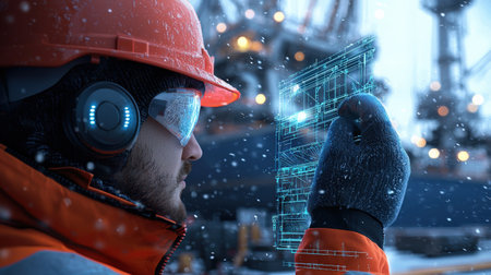 A worker wearing a hard hat a shipyard at ship with digital neon blueprints overlaying the scene fair light winter snowの素材
