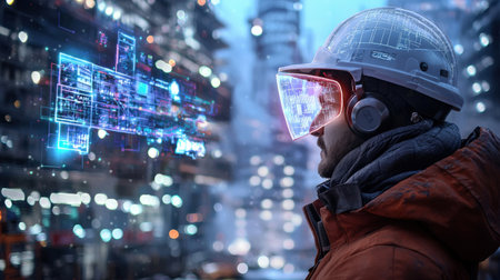 A worker wearing a hard hat a shipyard at ship with digital neon blueprints overlaying the scene fair light winter snowの素材