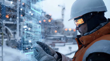 A worker wearing a hard hat a shipyard at ship with digital neon blueprints overlaying the scene fair light winter snowの素材