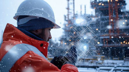 A worker wearing a hard hat a shipyard at ship with digital neon blueprints overlaying the scene fair light winter snowの素材