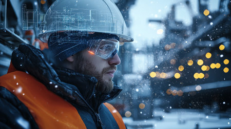 A worker wearing a hard hat a shipyard at ship with digital neon blueprints overlaying the scene fair light winter snowの素材