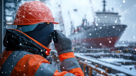A worker wearing a hard hat a shipyard at ship with digital neon blueprints overlaying the scene fair light winter snowの素材