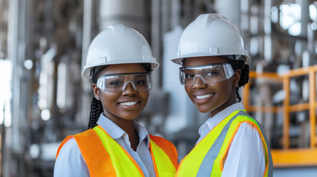 two Female black Engineer wearing a hard hat and safety vest on site.の素材