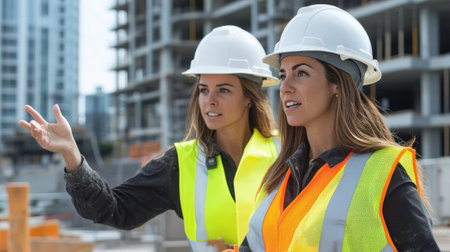 two Female Engineer wearing a hard hat and safety vest on site.の素材