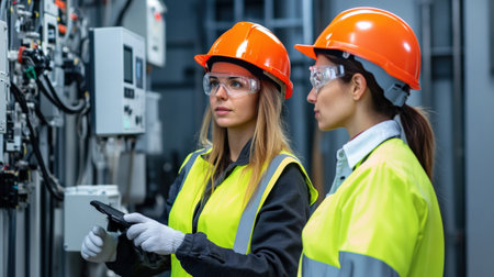 two Female Engineer wearing a hard hat and safety vest on site.の素材