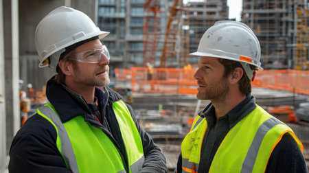two Engineer wearing a hard hat and safety vest on site.の素材