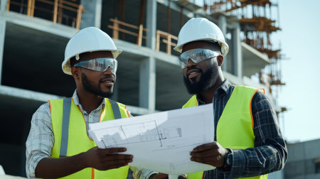 two black Engineer inspecting blueprints at a construction site.の素材