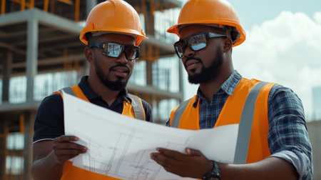 two black Engineer inspecting blueprints at a construction siteの素材
