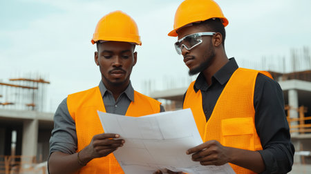 two black Engineer inspecting blueprints at a construction siteの素材