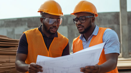 two black Engineer inspecting blueprints at a construction siteの素材