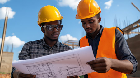 two black Engineer inspecting blueprints at a construction siteの素材