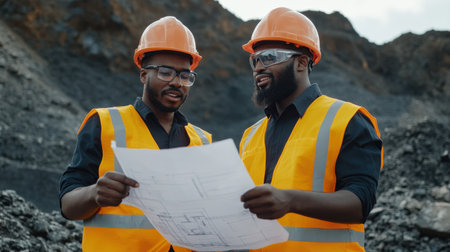 two black Engineer inspecting blueprints at a mine site.の素材