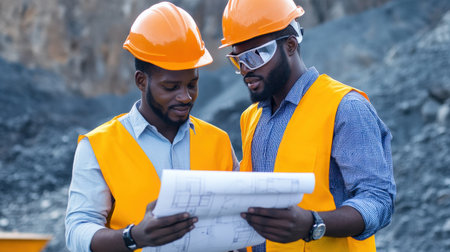 two black Engineer inspecting blueprints at a mine site.の素材