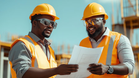 two black Engineer inspecting blueprints at a mine site.の素材