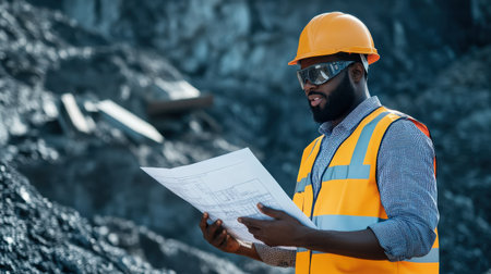 black Engineer inspecting blueprints at a mine site.の素材