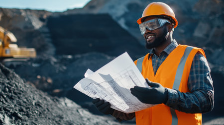 black Engineer inspecting blueprints at a mine site.の素材