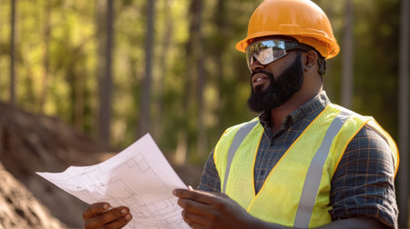 black Engineer inspecting blueprints at a road site.の素材