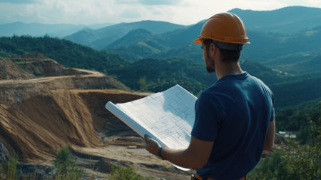 Engineer inspecting blueprints at a road site. road constructionの素材