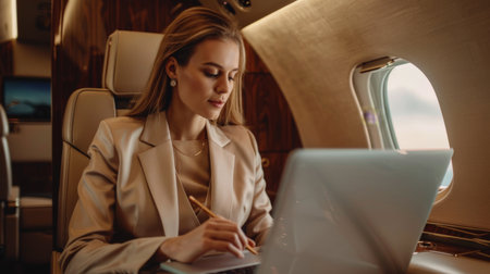 A beautiful young woman is sitting in a private jet and working on her laptop. She is wearing a beige suit and has her hair in a bun. The jet is flying high above the clouds.の素材