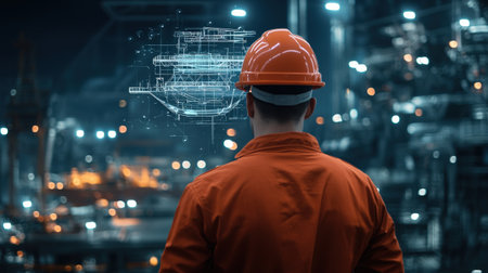 a worker wearing a hard hat a shipyard at ship with digital neon blueprints overlaying the scene fair lightの素材