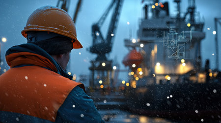 A worker wearing a hard hat a shipyard at ship with digital neon blueprints overlaying the scene fair light winter snowの素材