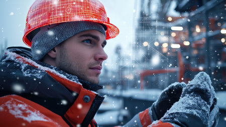 A worker wearing a hard hat a shipyard at ship with digital neon blueprints overlaying the scene fair light winter snowの素材