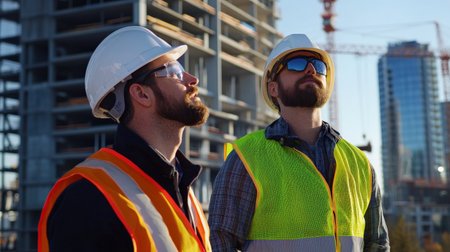 two Engineer wearing a hard hat and safety vest on site.の素材