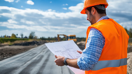 Engineer inspecting blueprints at a road site.の素材