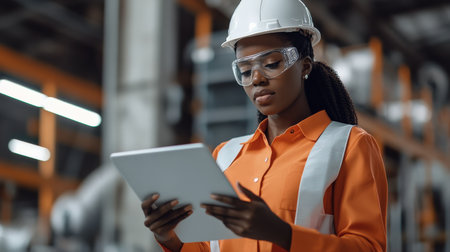Female black engineer using a tablet to review project plans.の素材