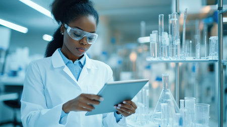 Female black engineer using a tablet to review project plans.の素材