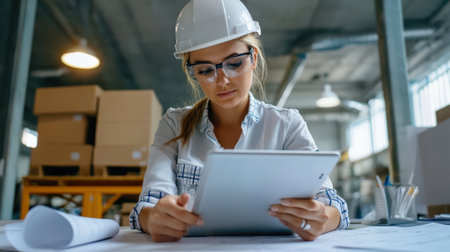 Female engineer using a tablet to review project plans.の素材