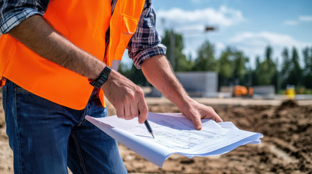 Engineer inspecting blueprints at a construction site.の素材