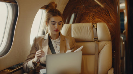 Businesswoman working on laptop in private jetの素材