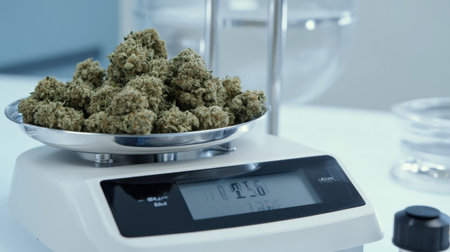 Cannabis buds being weighed on a digital scale, with focus on accuracy,の素材