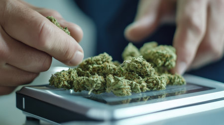 Cannabis buds being weighed on a digital scale, with focus on accuracy,の素材