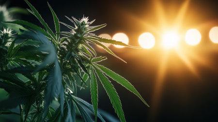 Close-up of a cannabis plant flowering under bright grow lightsの素材