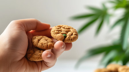 Person holding a cannabis edible, with packaging and ingredients visibleの素材