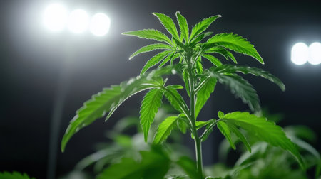 Close-up of a cannabis plant flowering under bright grow lightsの素材